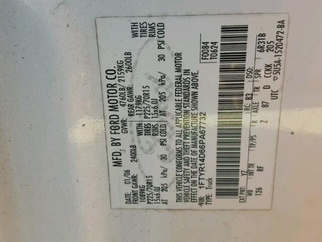 1FTYR14D66PA67732 - 2006 FORD RANGER WHITE photo 10