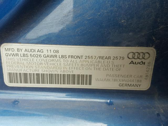 WAUMK78KX9N044188 - 2009 AUDI A4 PRESTIG BLUE photo 10