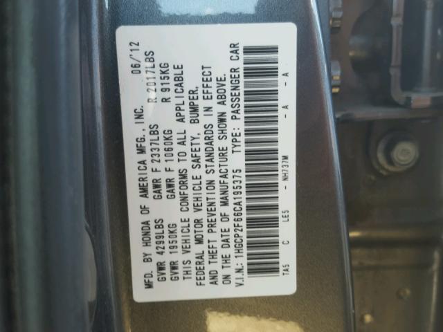 1HGCP2F66CA195375 - 2012 HONDA ACCORD GRAY photo 10