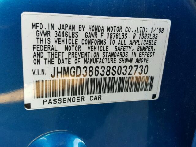 JHMGD38638S032730 - 2008 HONDA FIT BLUE photo 10