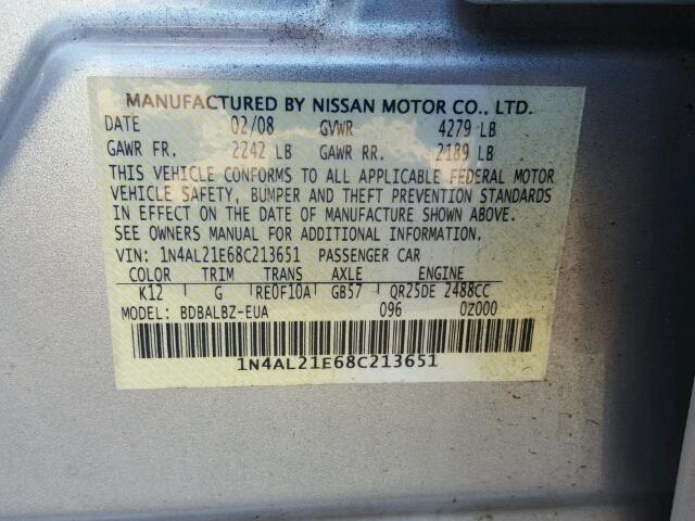 1N4AL21E68C213651 - 2008 NISSAN ALTIMA 2.5 SILVER photo 10