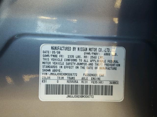 JNKAJ09EX8M306772 - 2008 INFINITI EX35 BASE GRAY photo 10