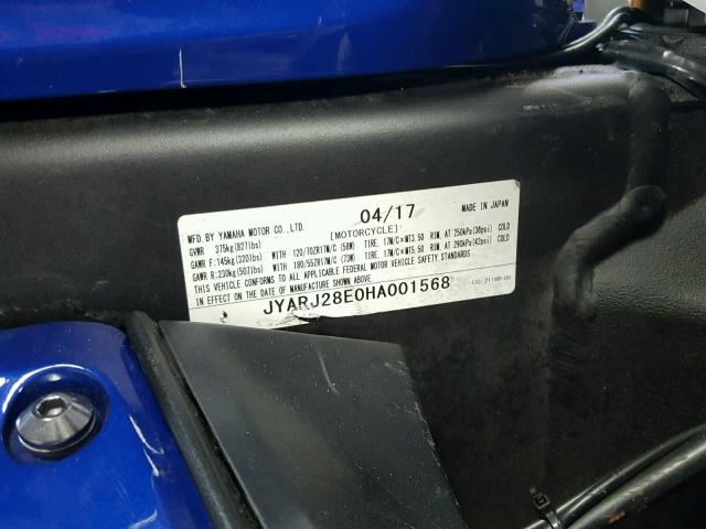 JYARJ28E0HA001568 - 2017 YAMAHA YZFR6 BLUE photo 10