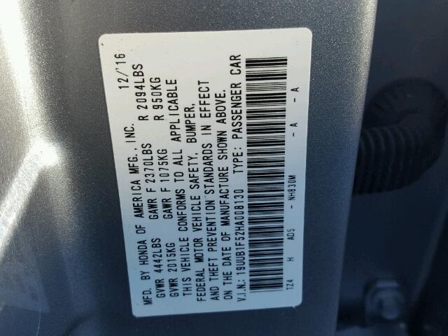 19UUB1F52HA008130 - 2017 ACURA TLX TECH SILVER photo 10