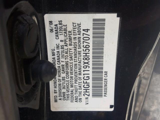 2HGFG119X8H567074 - 2008 HONDA CIVIC EXL 黑色 照片 10