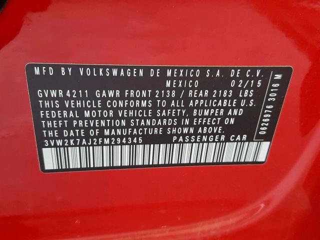 3VW2K7AJ2FM294345 - 2015 VOLKSWAGEN JETTA BASE RED photo 10