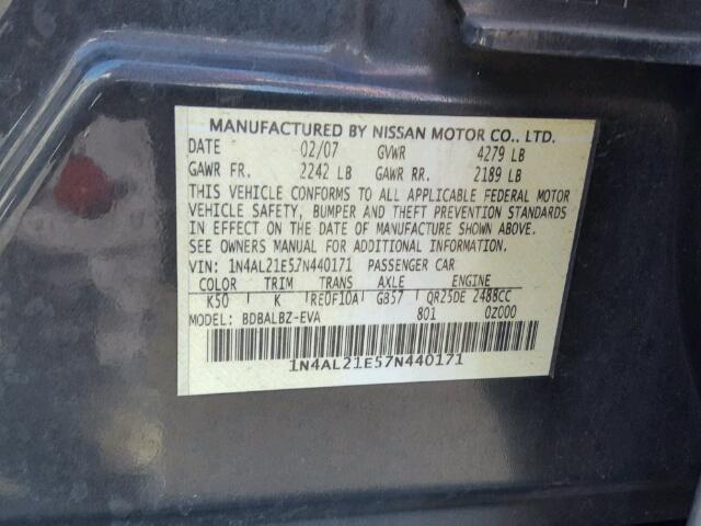 1N4AL21E57N440171 - 2007 NISSAN ALTIMA 2.5 GRAY photo 10