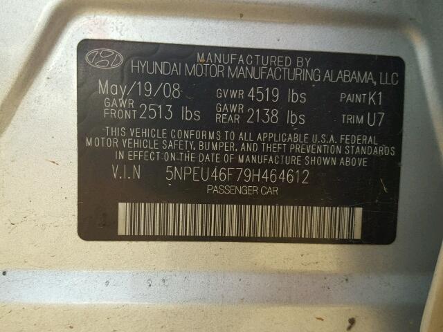 5NPEU46F79H464612 - 2009 HYUNDAI SONATA SE SILVER photo 10