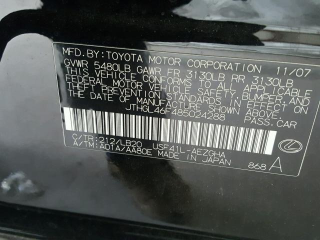 JTHGL46F485024288 - 2008 LEXUS LS 460L BLACK photo 10