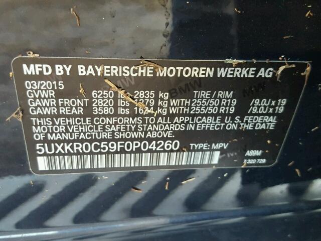 5UXKR0C59F0P04260 - 2015 BMW X5 XDRIVE3 BLUE photo 10