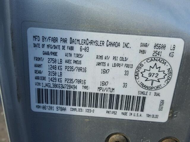 1J4GL38K63W728494 - 2003 JEEP LIBERTY RE SILVER photo 10