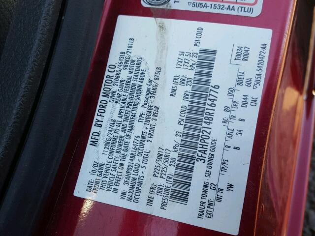 3FAHP02148R164776 - 2008 FORD FUSION SEL RED photo 10