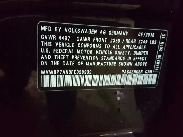 WVWBP7AN0FE828939 - 2015 VOLKSWAGEN CC SPORT BLACK photo 10