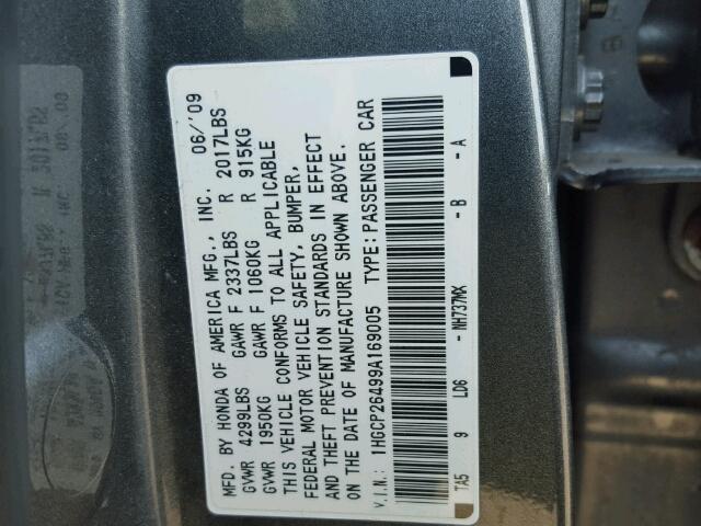 1HGCP26499A169005 - 2009 HONDA ACCORD LXP GRAY photo 10