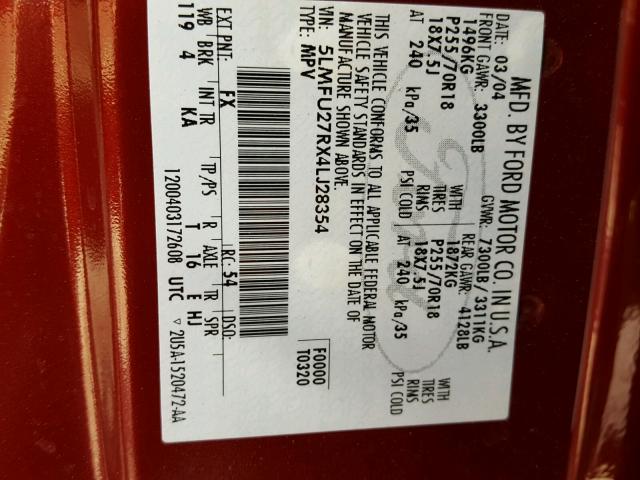 5LMFU27RX4LJ28354 - 2004 LINCOLN NAVIGATOR 红色 照片 10