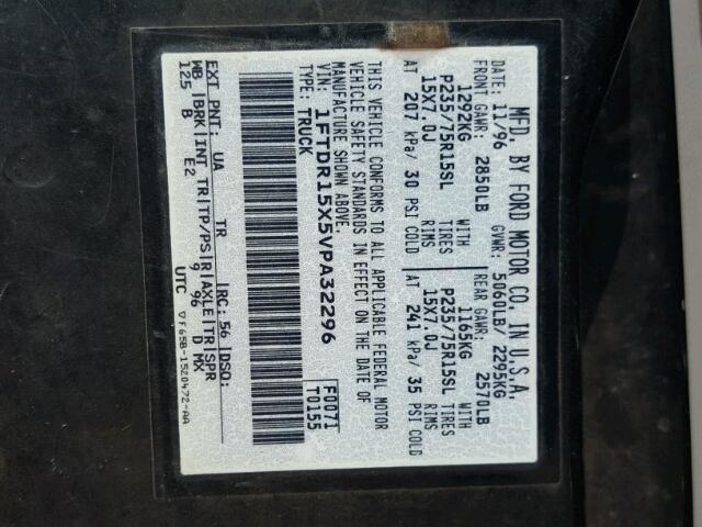 1FTDR15X5VPA32296 - 1997 FORD RANGER BLACK photo 10