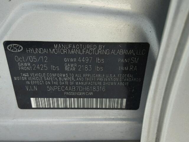 5NPEC4AB7DH618316 - 2013 HYUNDAI SONATA SILVER photo 10