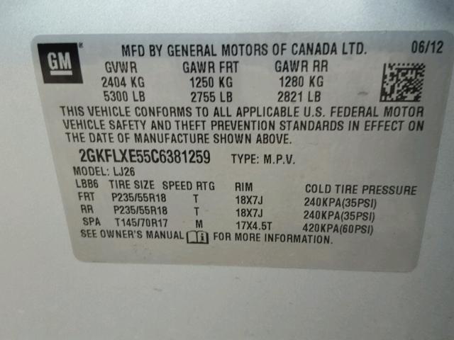 2GKFLXE55C6381259 - 2012 GMC TERRAIN SILVER photo 10