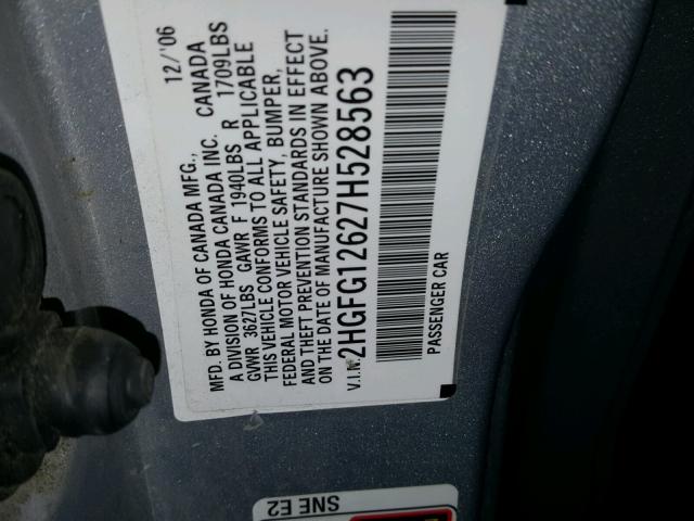 2HGFG12627H528563 - 2007 HONDA CIVIC SILVER photo 10