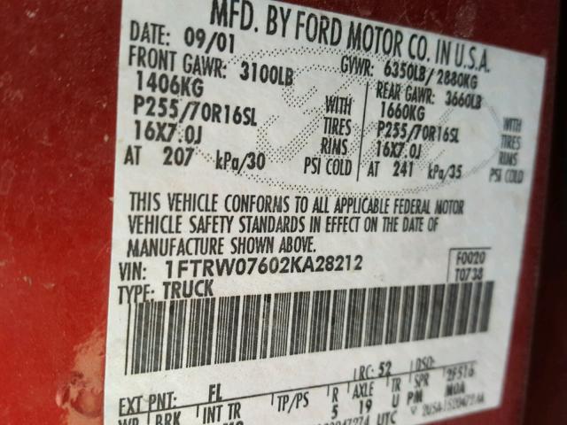 1FTRW07602KA28212 - 2002 FORD F150 SUPER RED photo 10