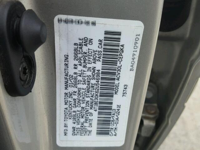 4T1BE30K62U546984 - 2002 TOYOTA CAMRY SILVER photo 10