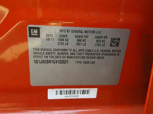 1G1JA5SH1C4102821 - 2012 CHEVROLET SONIC LS 橙色 照片 10