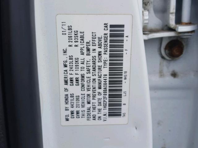 1HGCP2F89BA084478 - 2011 HONDA ACCORD EXL WHITE photo 10