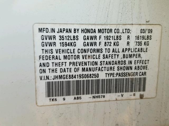 JHMGE88419S068250 - 2009 HONDA FIT WHITE photo 10