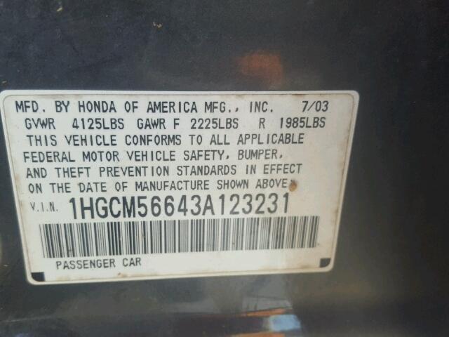 1HGCM56643A123231 - 2003 HONDA ACCORD GRAY photo 10