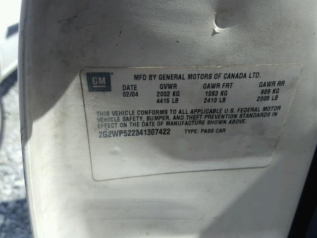 2G2WP522341307422 - 2004 PONTIAC GRAND PRIX WHITE photo 10