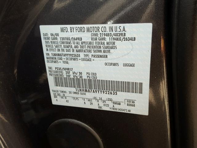 1LNHM87A9YY922635 - 2000 LINCOLN LS 灰色 照片 10