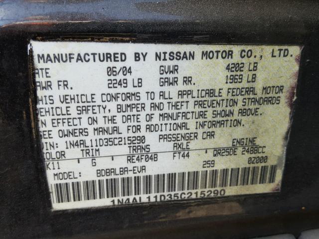 1N4AL11D35C215290 - 2005 NISSAN ALTIMA S BLACK photo 10