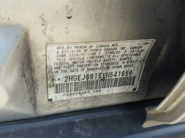 2HGEJ6615YH541656 - 2000 HONDA CIVIC BASE SILVER photo 10