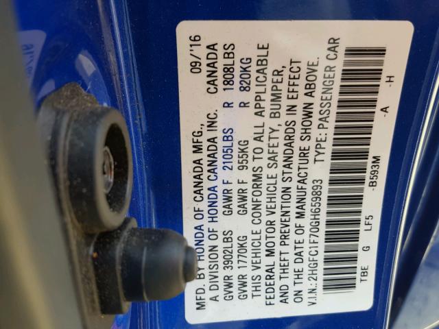 2HGFC1F70GH659893 - 2016 HONDA CIVIC EXL 蓝色 照片 10