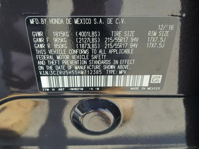 3CZRU5H55HM712385 - 2017 HONDA HR-V EX CHARCOAL photo 10