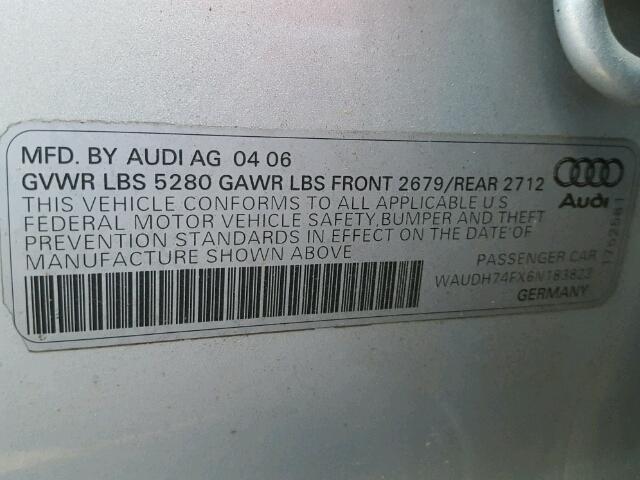 WAUDH74FX6N183823 - 2006 AUDI A6 3.2 QUA SILVER photo 9