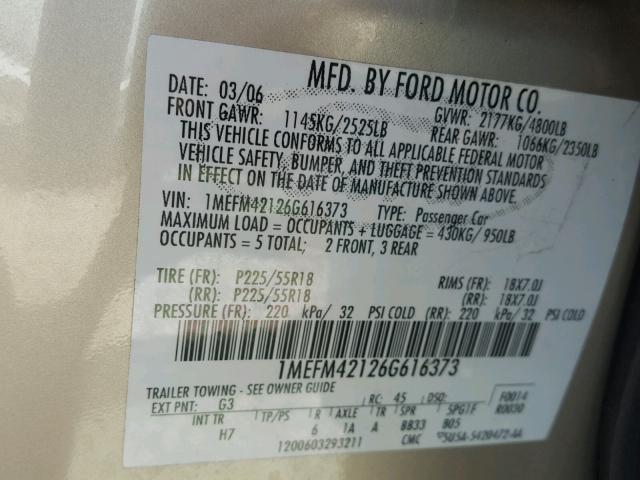 1MEFM42126G616373 - 2006 MERCURY MONTEGO PR 金色 照片 10