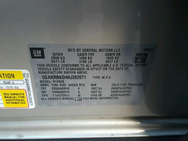 5GAKRBKD4HJ262671 - 2017 BUICK ENCLAVE SILVER photo 10