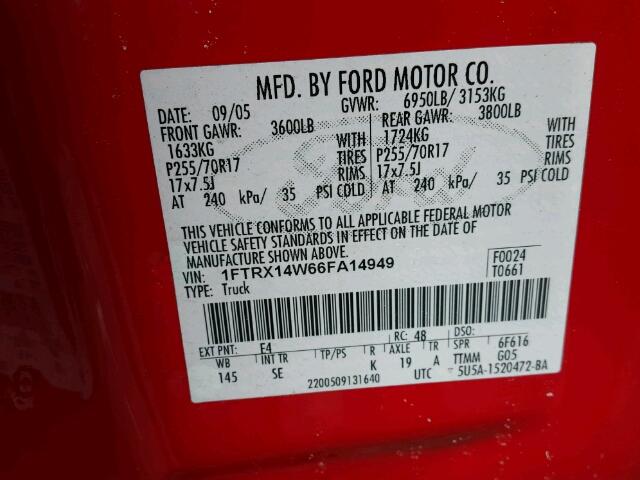 1FTRX14W66FA14949 - 2006 FORD F150 RED photo 10