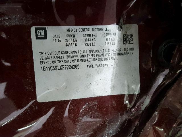 1G11C5SLXFF224360 - 2015 CHEVROLET MALIBU 1LT 栗色 照片 10