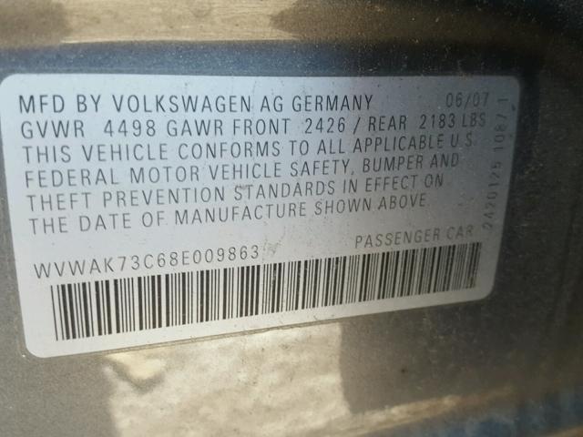 WVWAK73C68E009863 - 2008 VOLKSWAGEN PASSAT GRAY photo 10