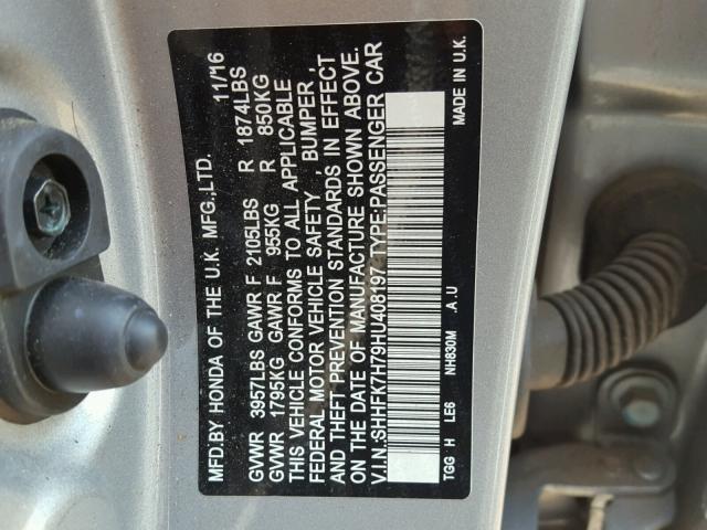 SHHFK7H79HU408197 - 2017 HONDA CIVIC EXL 银色 照片 10