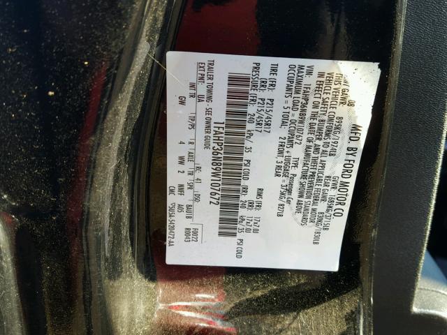 1FAHP36N89W107672 - 2009 FORD FOCUS SES BLACK photo 10