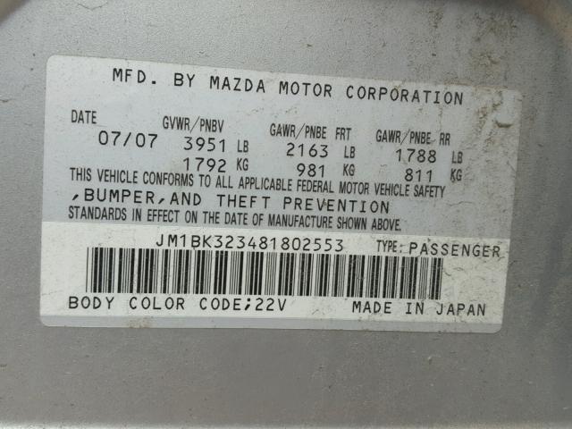 JM1BK323481802553 - 2008 MAZDA 3 S SILVER photo 10