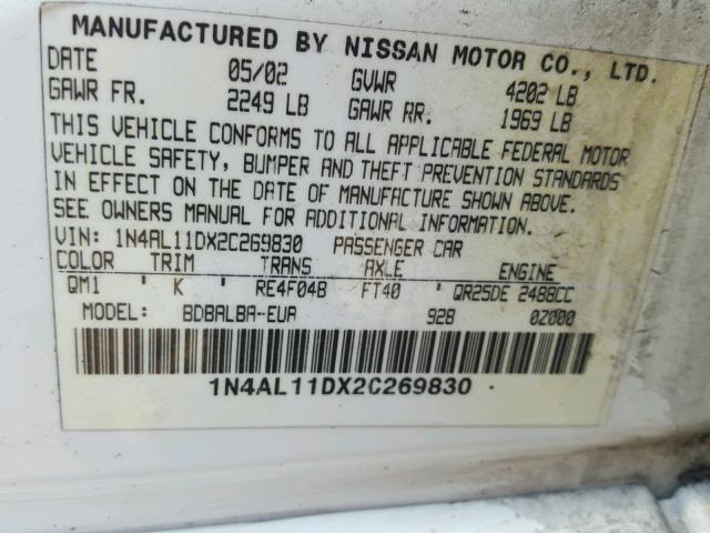 1N4AL11DX2C269830 - 2002 NISSAN ALTIMA BAS WHITE photo 10