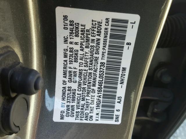 1HGFA16846L053738 - 2006 HONDA CIVIC CHARCOAL photo 10