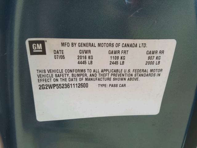 2G2WP552361112600 - 2006 PONTIAC GRAND PRIX GREEN photo 10