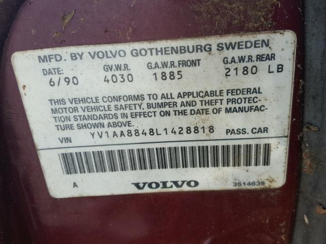 YV1AA8848L1428818 - 1990 VOLVO 240 BASE RED photo 10