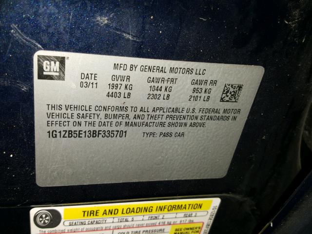 1G1ZB5E13BF335701 - 2011 CHEVROLET MALIBU LS Mavi foto 10