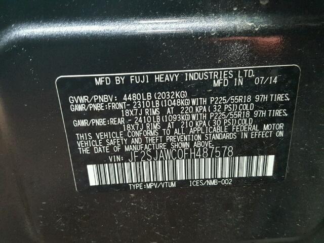 JF2SJAWC0FH487578 - 2015 SUBARU FORESTER 2 CHARCOAL photo 10